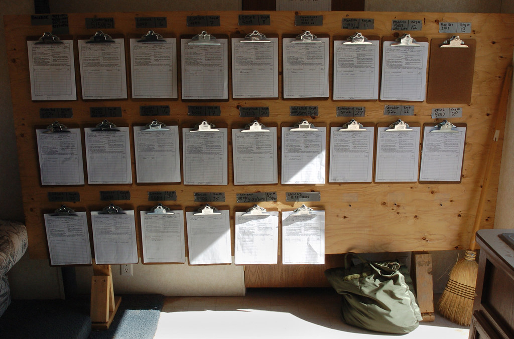 Clipboard work orders arranged for a field service team before daily assignments